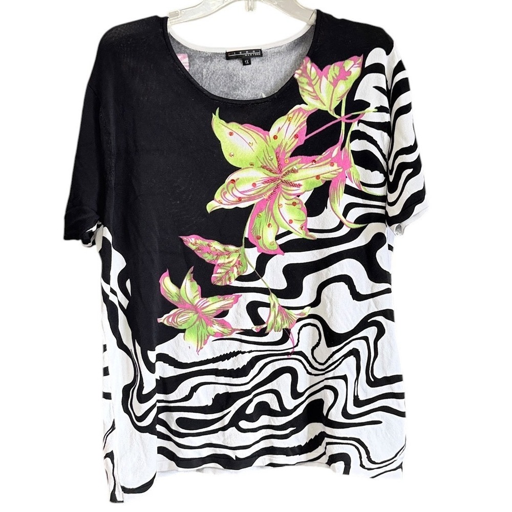 Pierri New York Womens 1X Knit Top Black White Zebra Floral Beaded Sequined